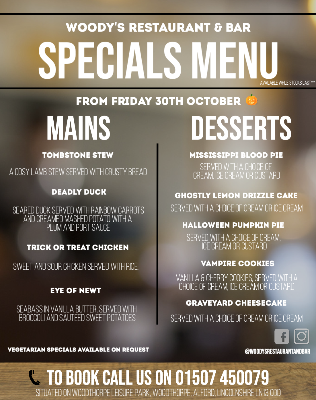 Woodys menu specials, caravan site lincolnshire