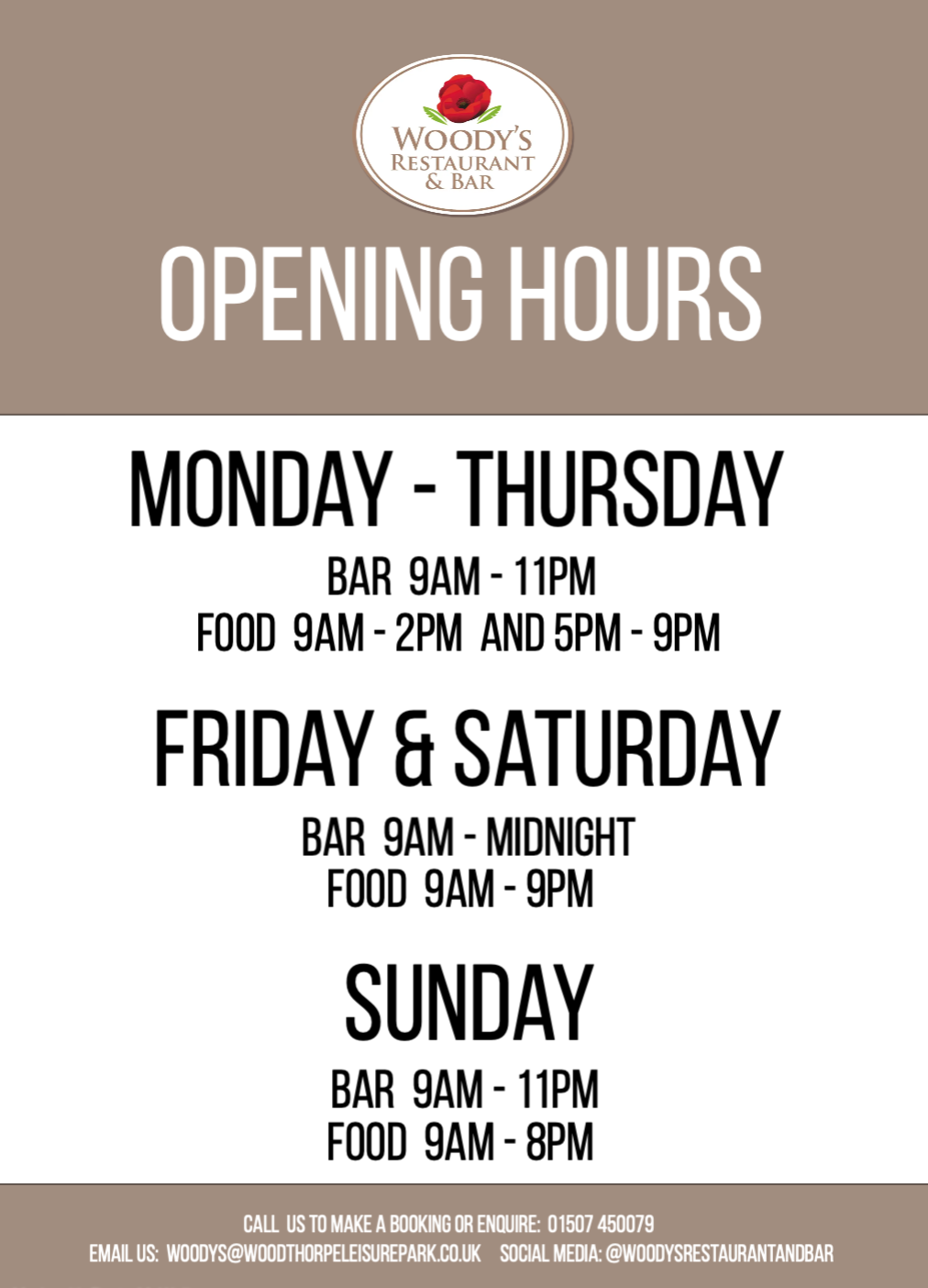 Woodys Restaurant and Bar opening times