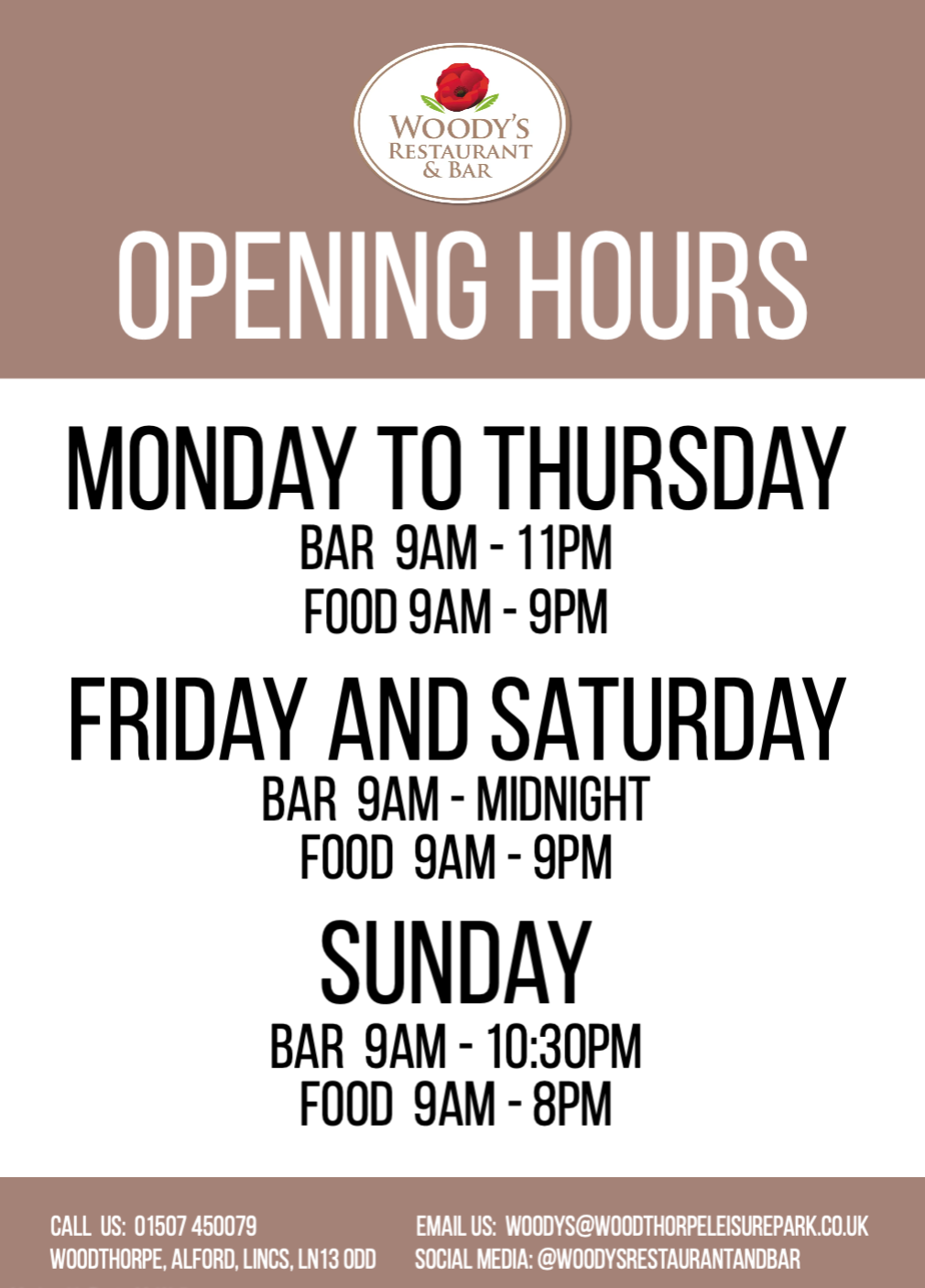 Woodys Restaurant and Bar opening times