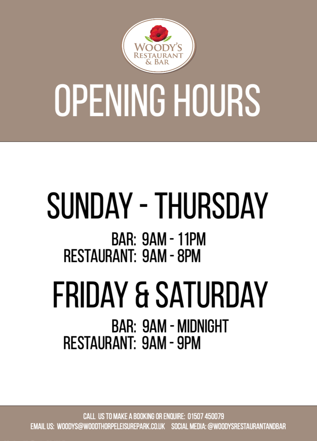 Woodys Restaurant and Bar opening times